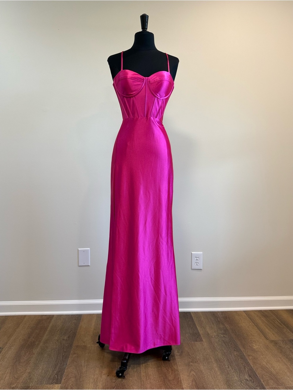 La Femme Hot Pink Satin Bustier Gown